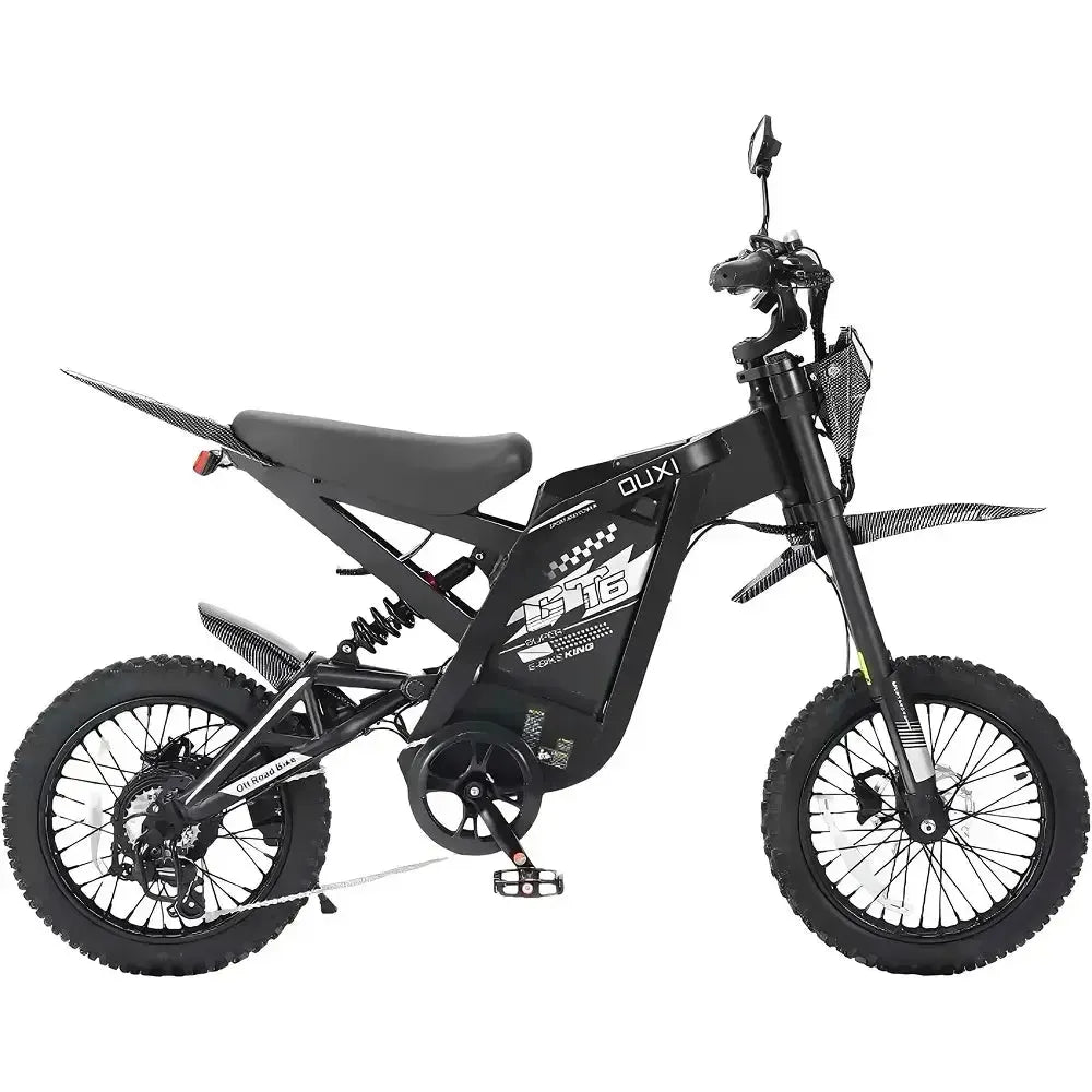 Ouxi GT16 fatbike in black, side view with chain, gears and rear suspension