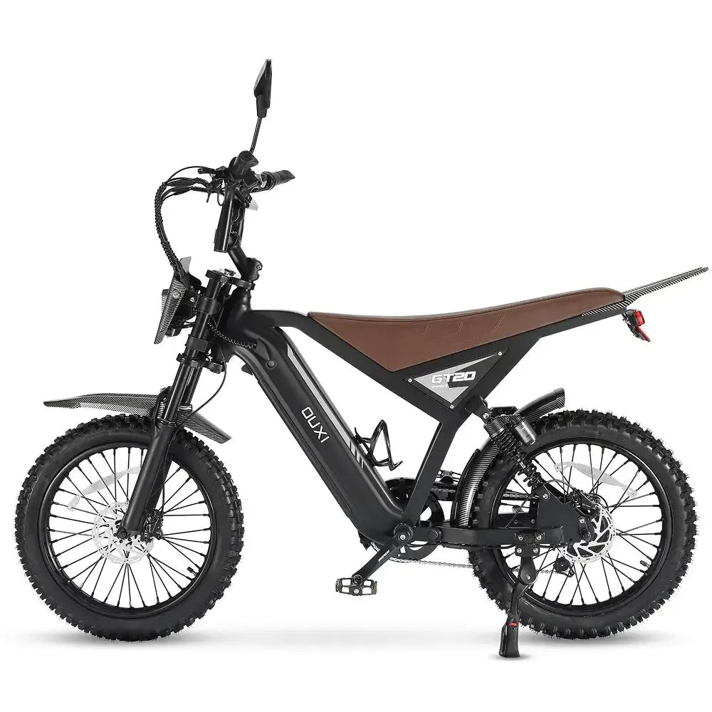 Ouxi GT20 Pro fatbike in black, side view facing left with the kickstand folded out