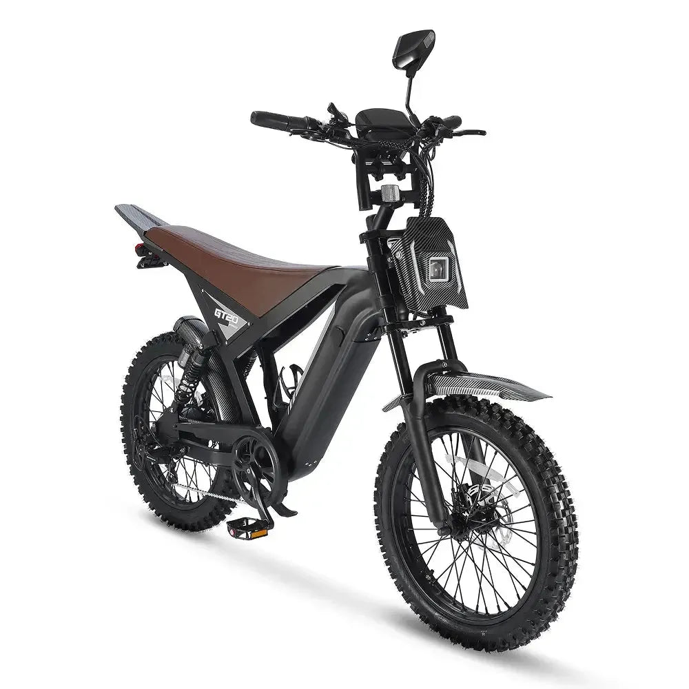 Ouxi GT20 Pro fatbike in black, angled front view with handlebar, mirror, headlight and front mudguard