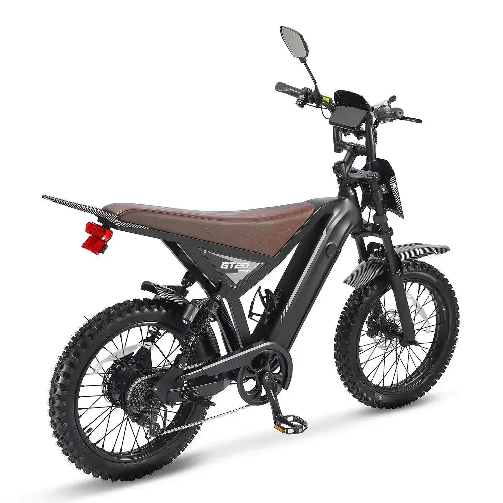 Ouxi GT20 Pro fatbike in black, angled rear view with rear light, brown saddle and display