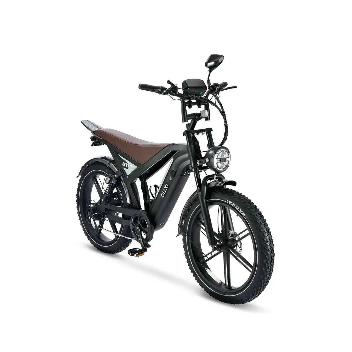 Ouxi GT24 fatbike in black, angled front view with round headlight, display and fat tyres