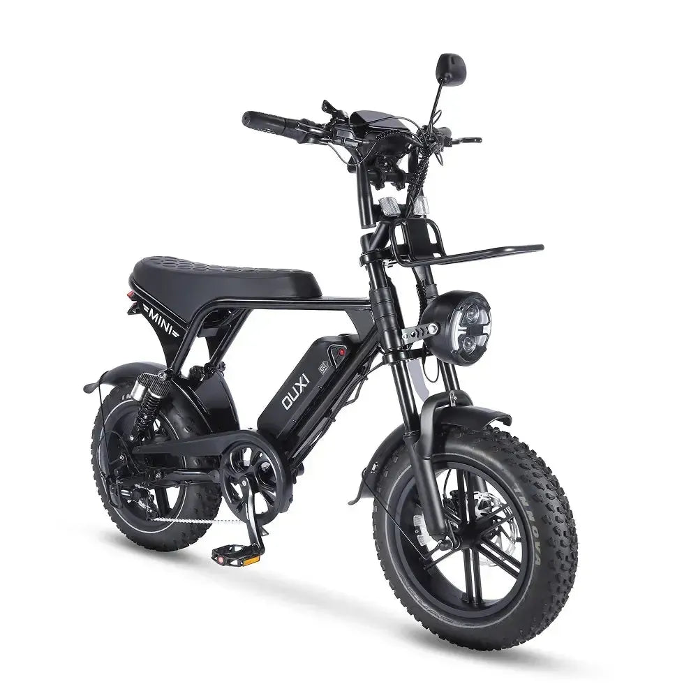 Ouxi V8 Ultra Mini fatbike in black, angled front view with headlight and fat tyres