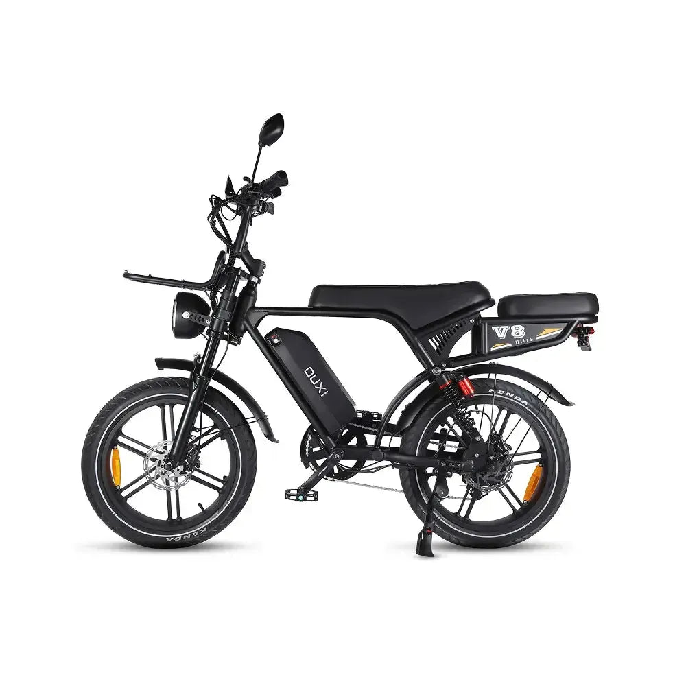 Ouxi V8 Ultra fatbike in black, side view from the left with kickstand and front disc brake