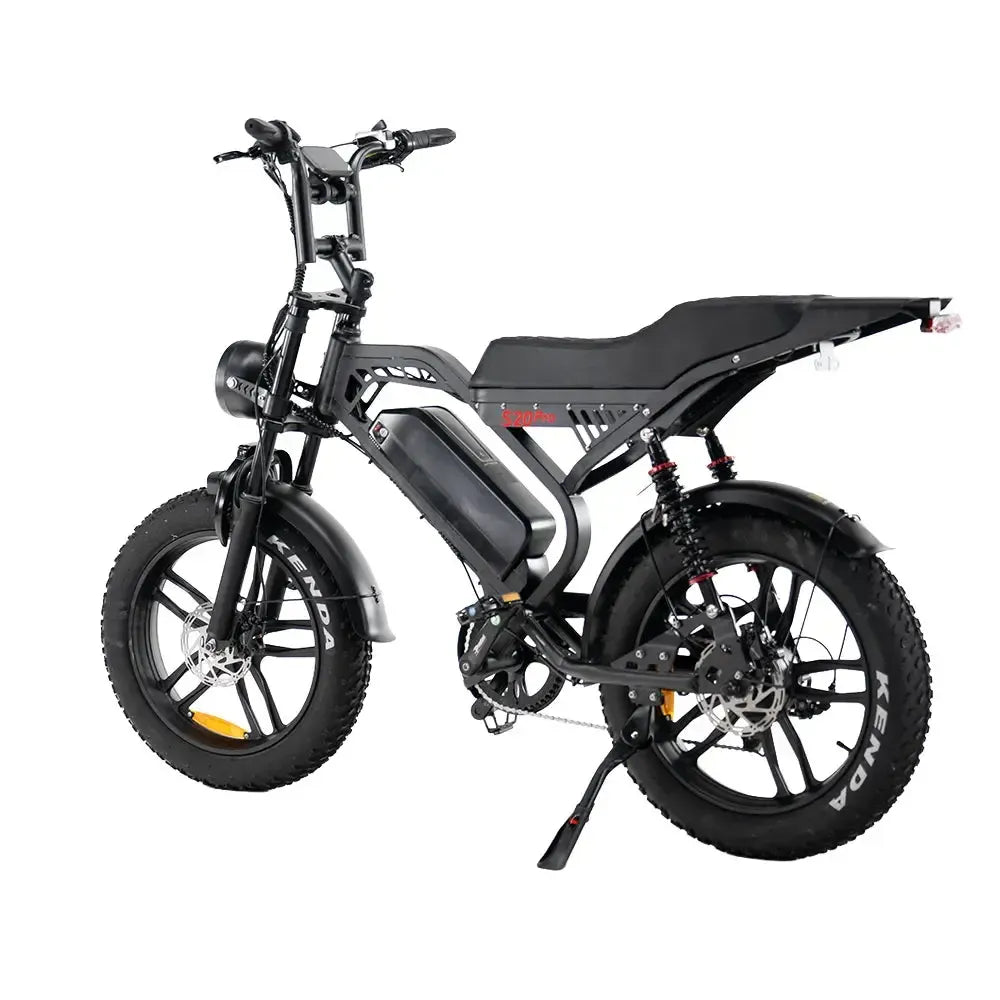 QMWheel S20 Pro fatbike in black, rear three-quarter view from the left with kickstand folded out