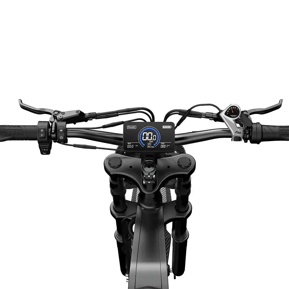 QMWheel V20 Cross fatbike in black, detail of the handlebar with digital display and brake levers