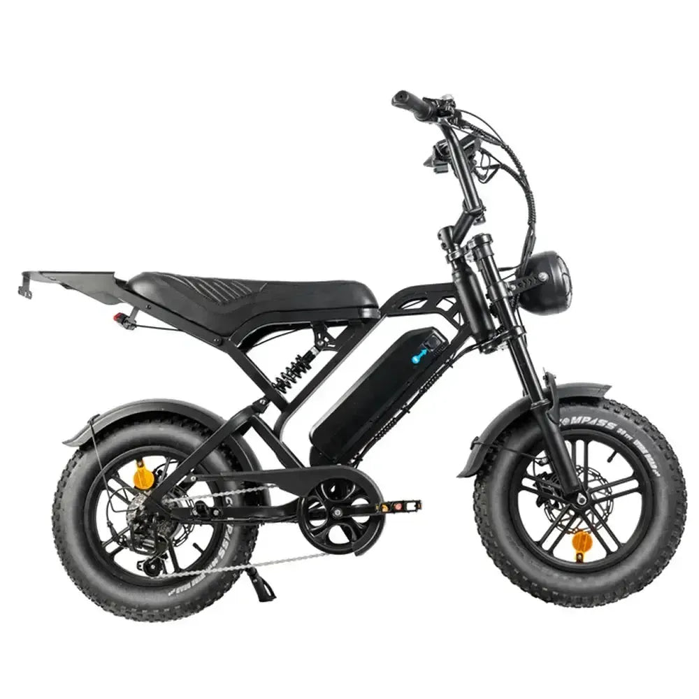 QMWheel V20 Mini fatbike in black, right side view with long saddle, luggage rack and fat tyres