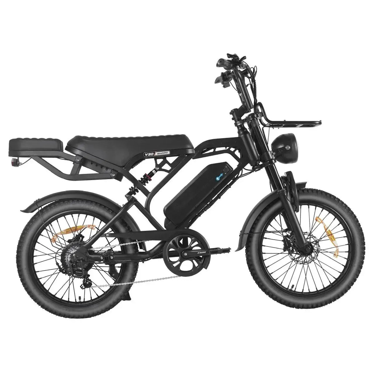 QMWheel V20 Pro Skinny Bike skinnybike in zwart, zijaanzicht van de aandrijfzijde met versnellingen