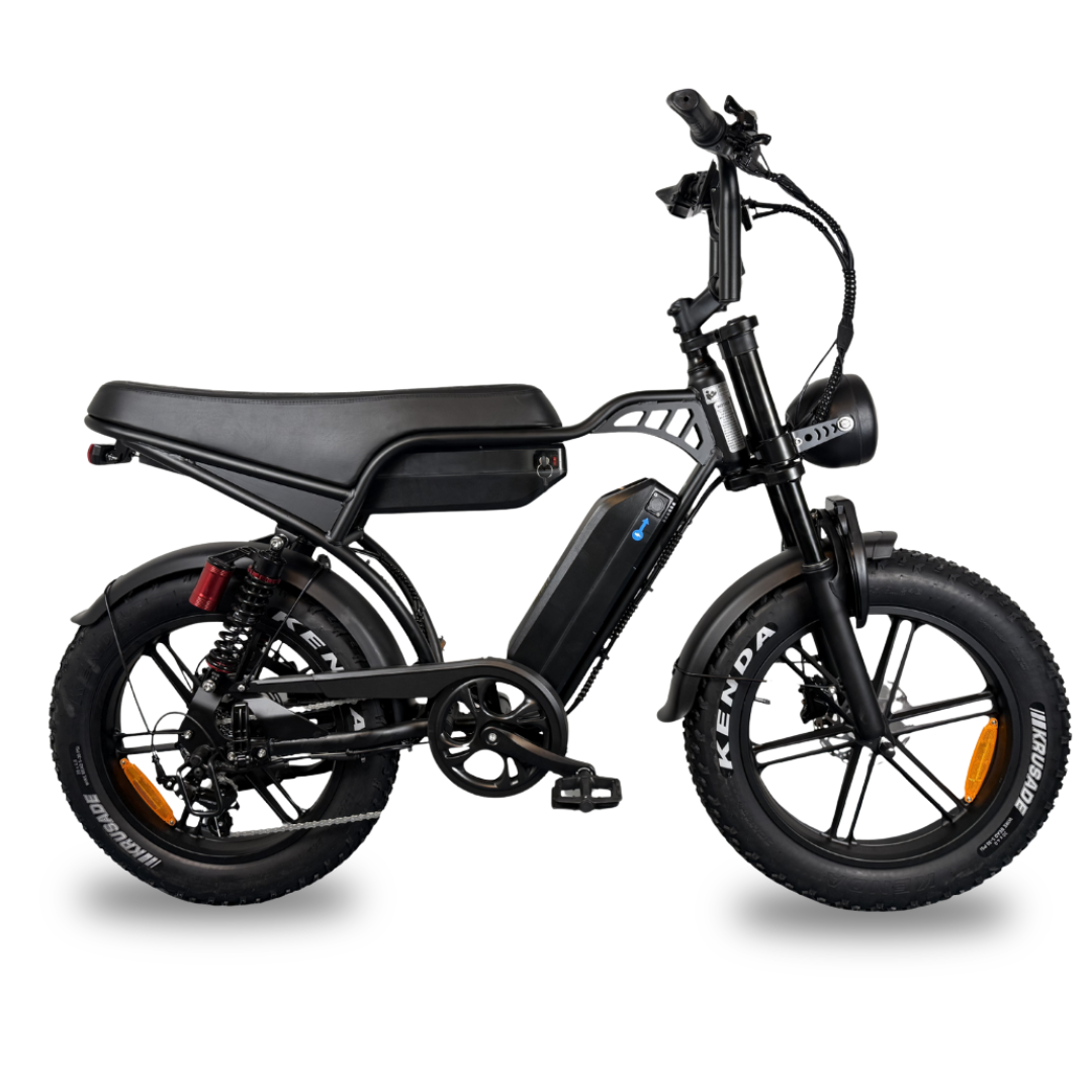 QMWheel V29 Pro Dubbele Accu fatbike in zwart, volledig zijaanzicht met lang zadel, accu in het frame en Kenda banden
