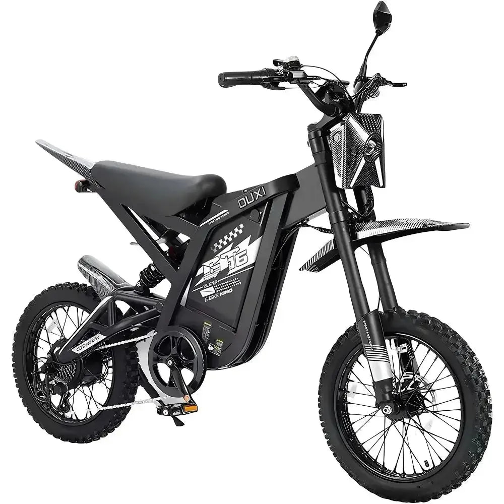 Ouxi GT16 fatbike in black, angled front view with handlebar, headlight and knobby tyres