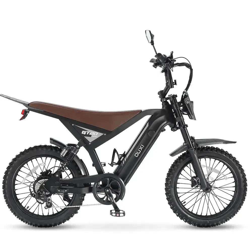 Ouxi GT20 Pro fatbike in black, side view with brown saddle, rear suspension and knobbly tyres