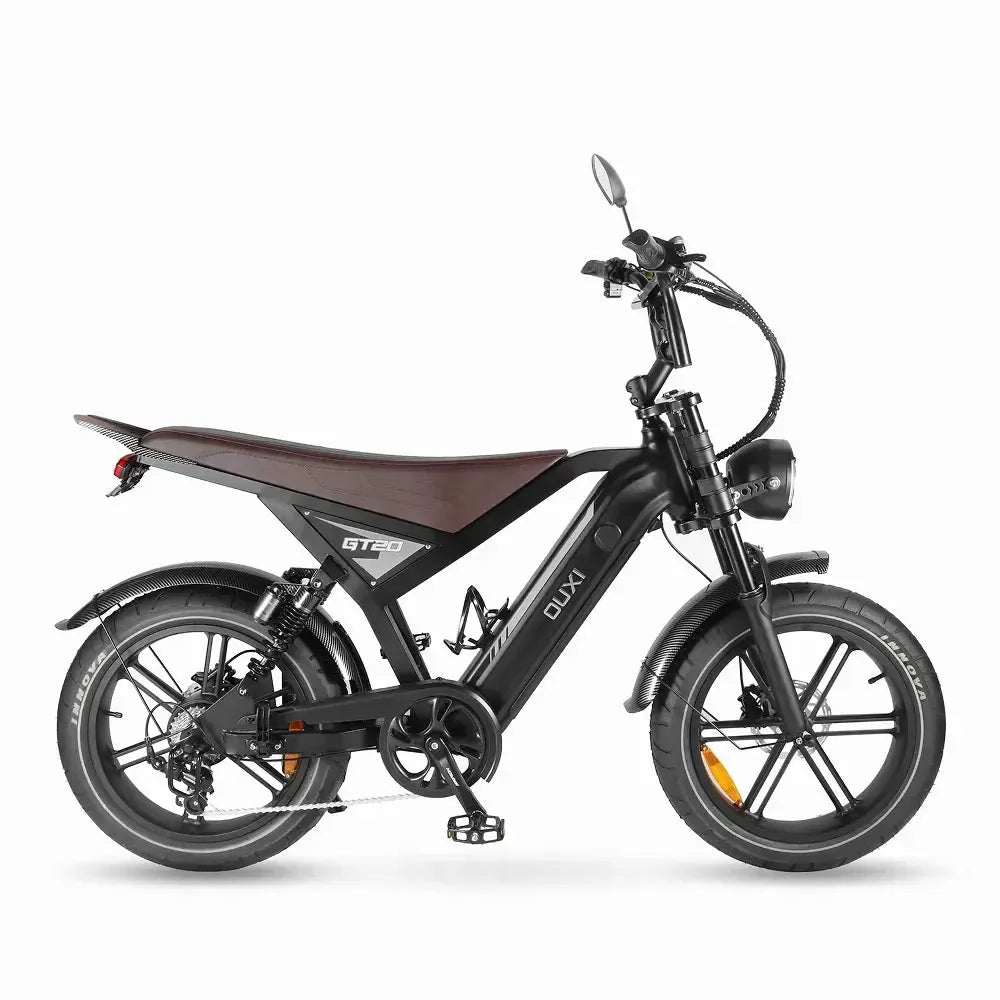 Ouxi GT20 fatbike in black, right side view with long brown saddle and round headlight