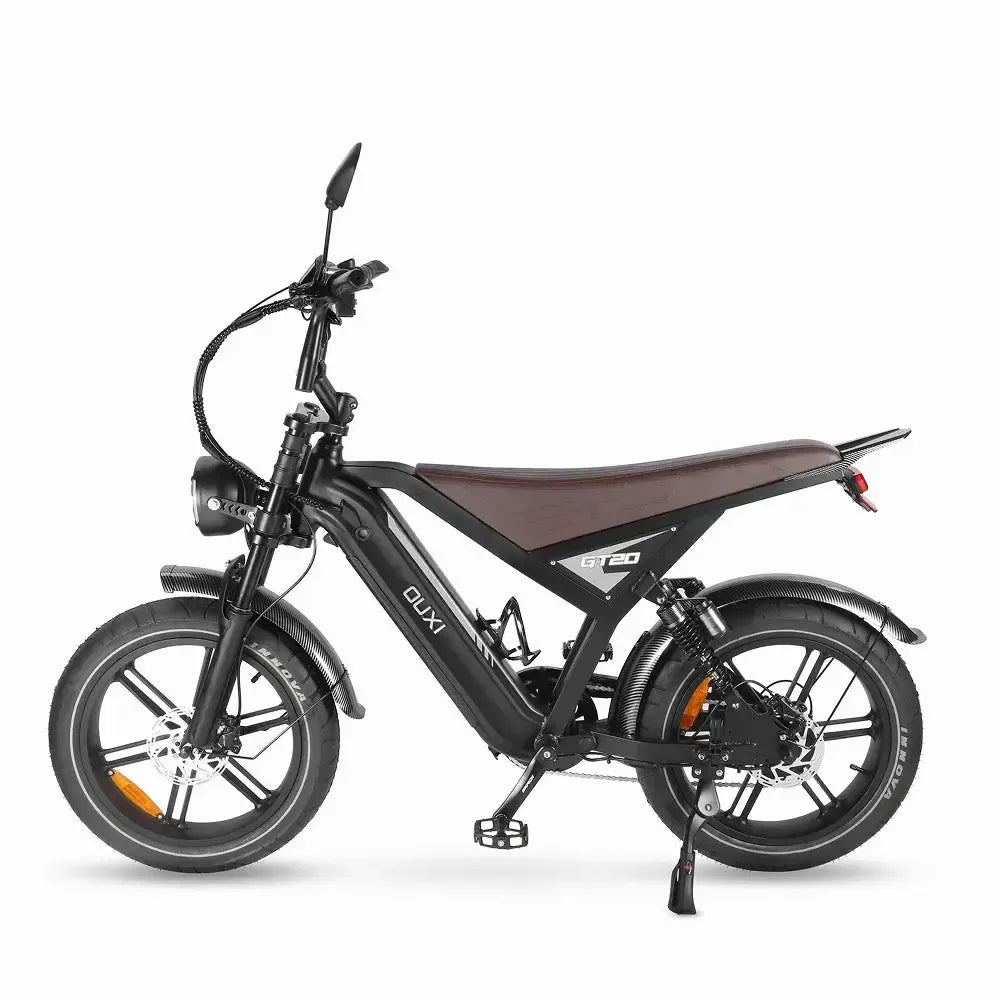 Ouxi GT20 fatbike in black, left side view on the kickstand with disc brakes and rear suspension