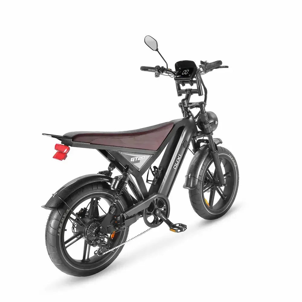 Ouxi GT20 fatbike in black, angled rear view with red rear light, mirror and display