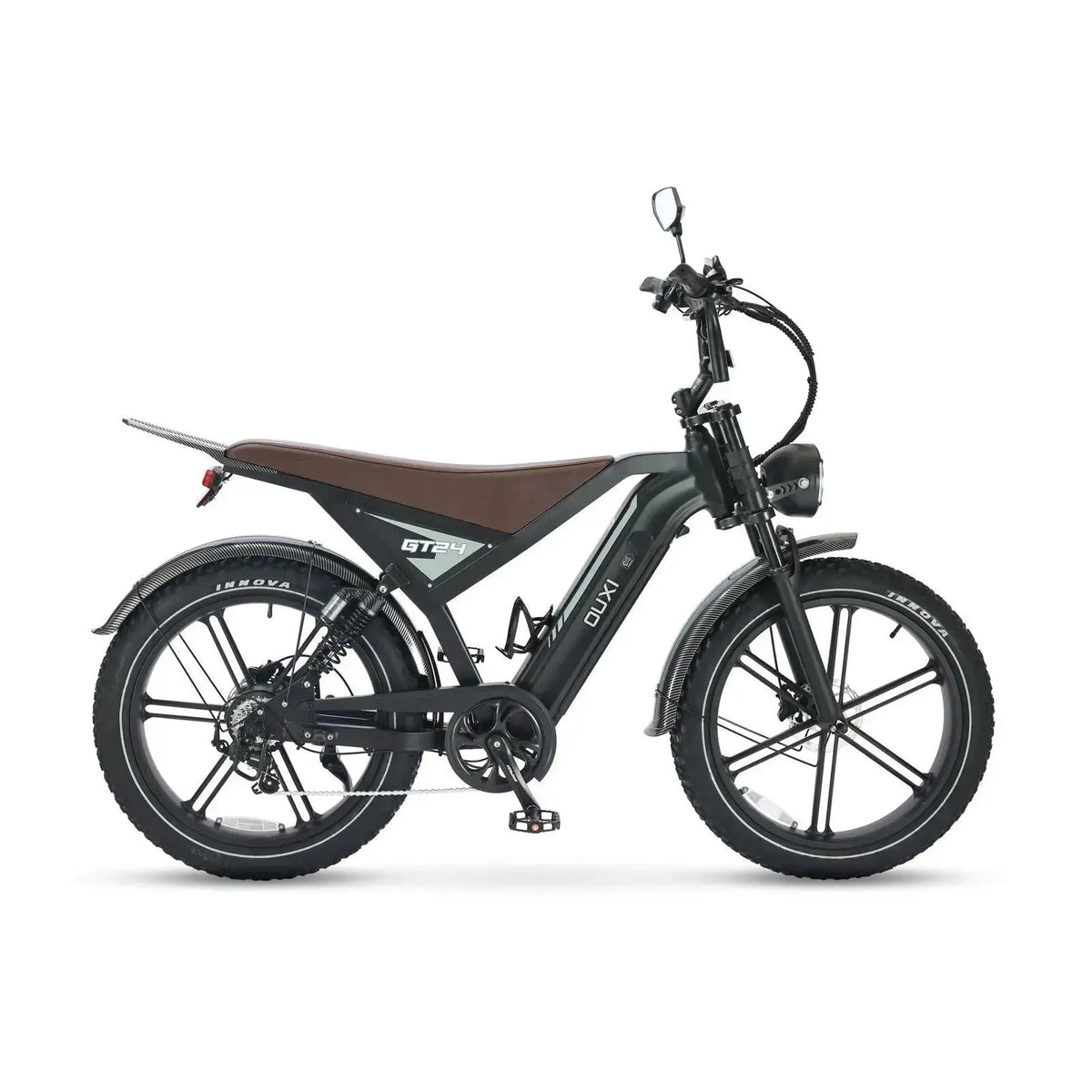 Ouxi GT24 fatbike in black, side view from the right with brown saddle and chain on the drive side