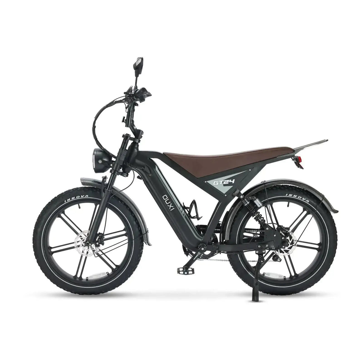 Ouxi GT24 fatbike in black, side view from the left with kickstand down and front disc brake