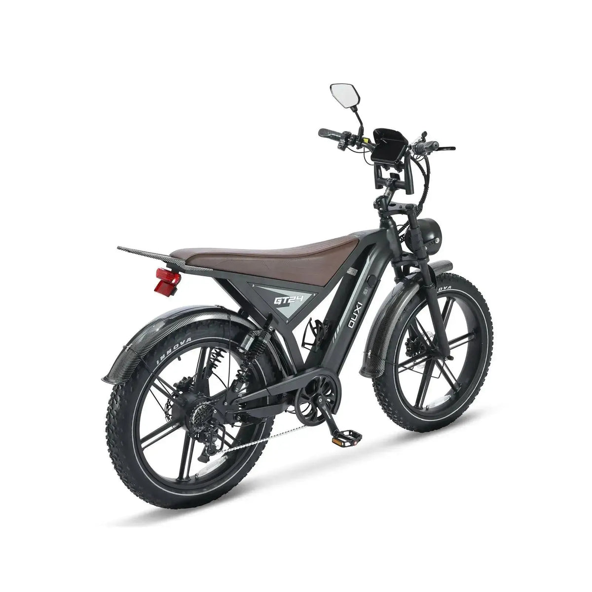 Ouxi GT24 fatbike in black, angled rear view with rear light, long saddle and rear suspension