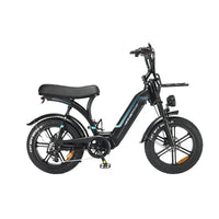 Ouxi Q8 fatbike in black, side view from the right with long dual seat, front carrier and 20 inch fatbike tyres