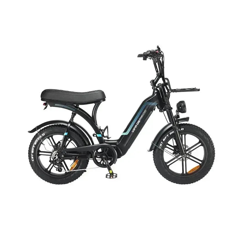 Ouxi Q8 fatbike in black, side view from the right with long dual seat, front carrier and 20 inch fatbike tyres