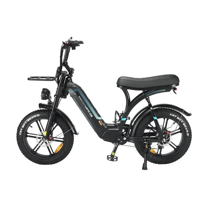 Ouxi Q8 fatbike in black, side view from the left with front carrier, headlight and kickstand folded out