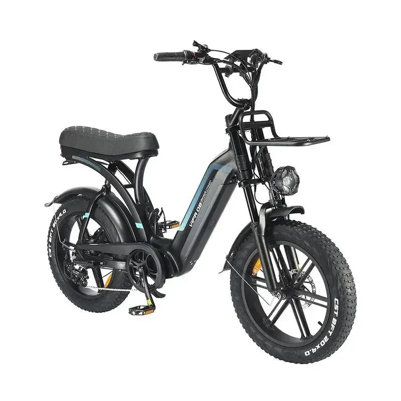 Ouxi Q8 fatbike in black, angled front view from the right with front carrier, headlight and front disc brake
