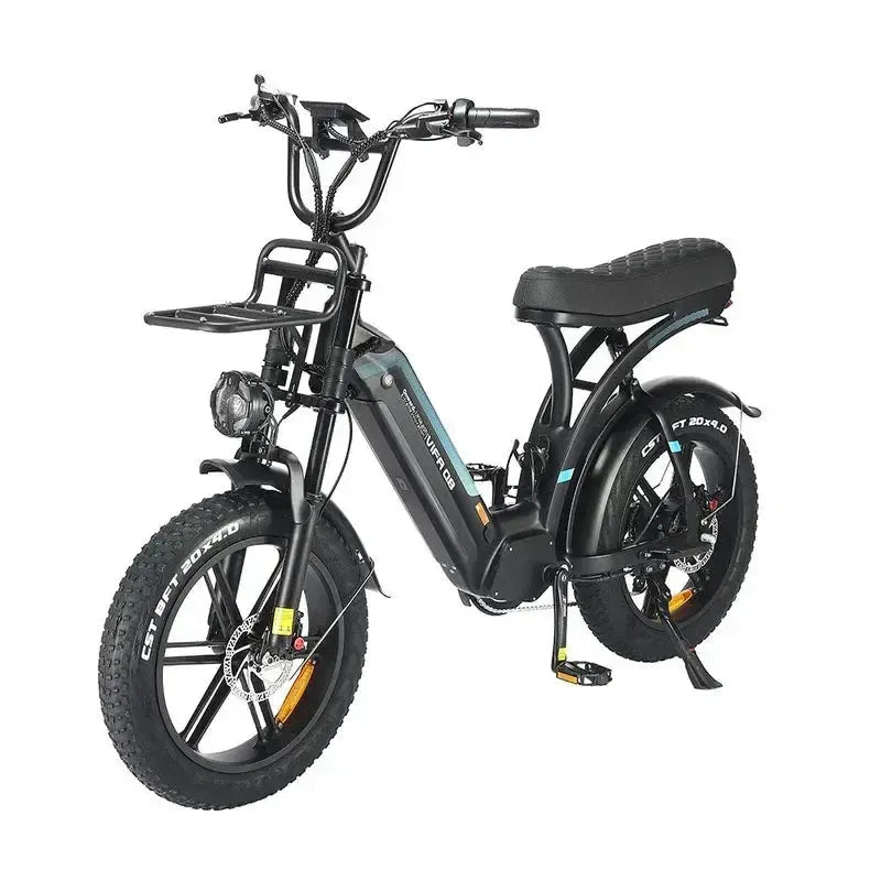 Ouxi Q8 fatbike in black, angled front view from the left with high handlebar, front carrier and 20x4.0 fatbike tyres