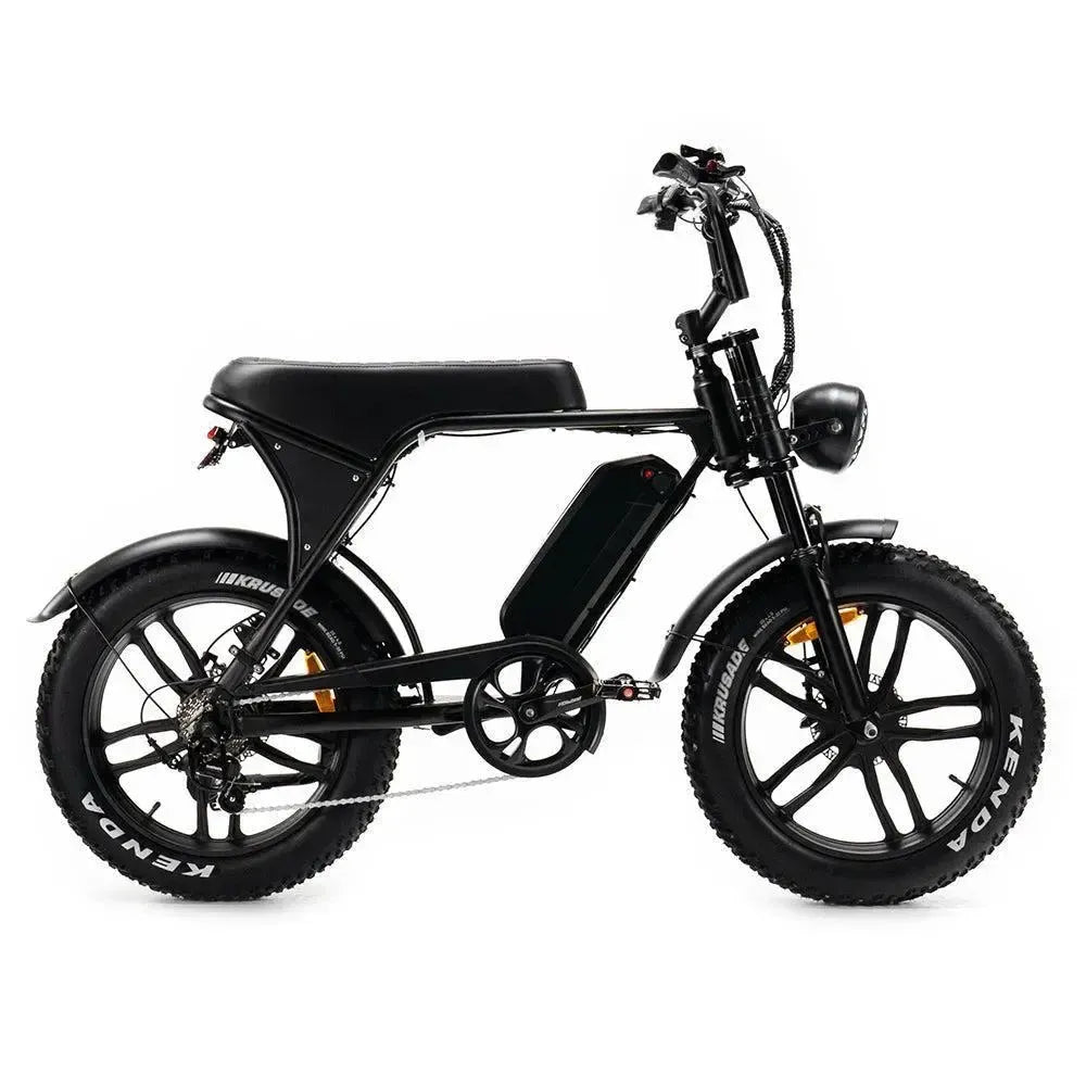Ouxi V8 2025 fatbike in black, side view from the right with long saddle, frame battery and wide Kenda tyres