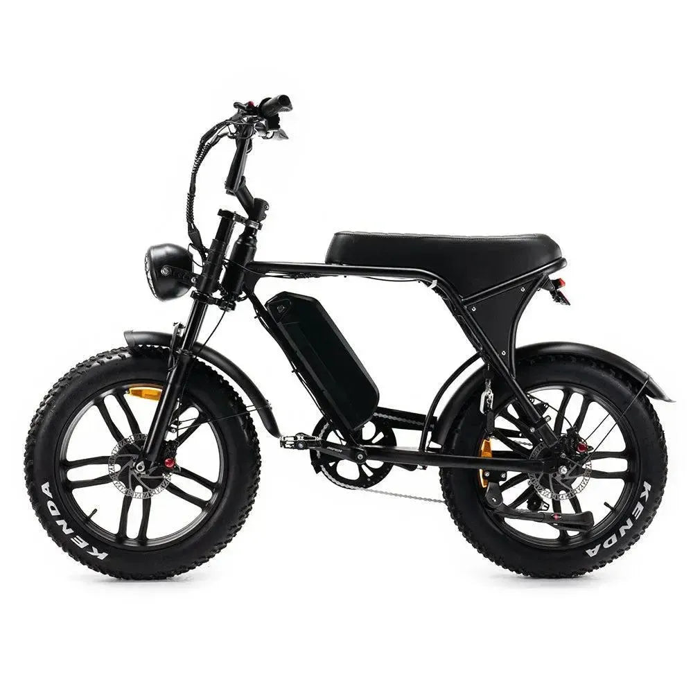 Ouxi V8 2025 fatbike in black, side view from the left with round headlight, long saddle and wide tyres