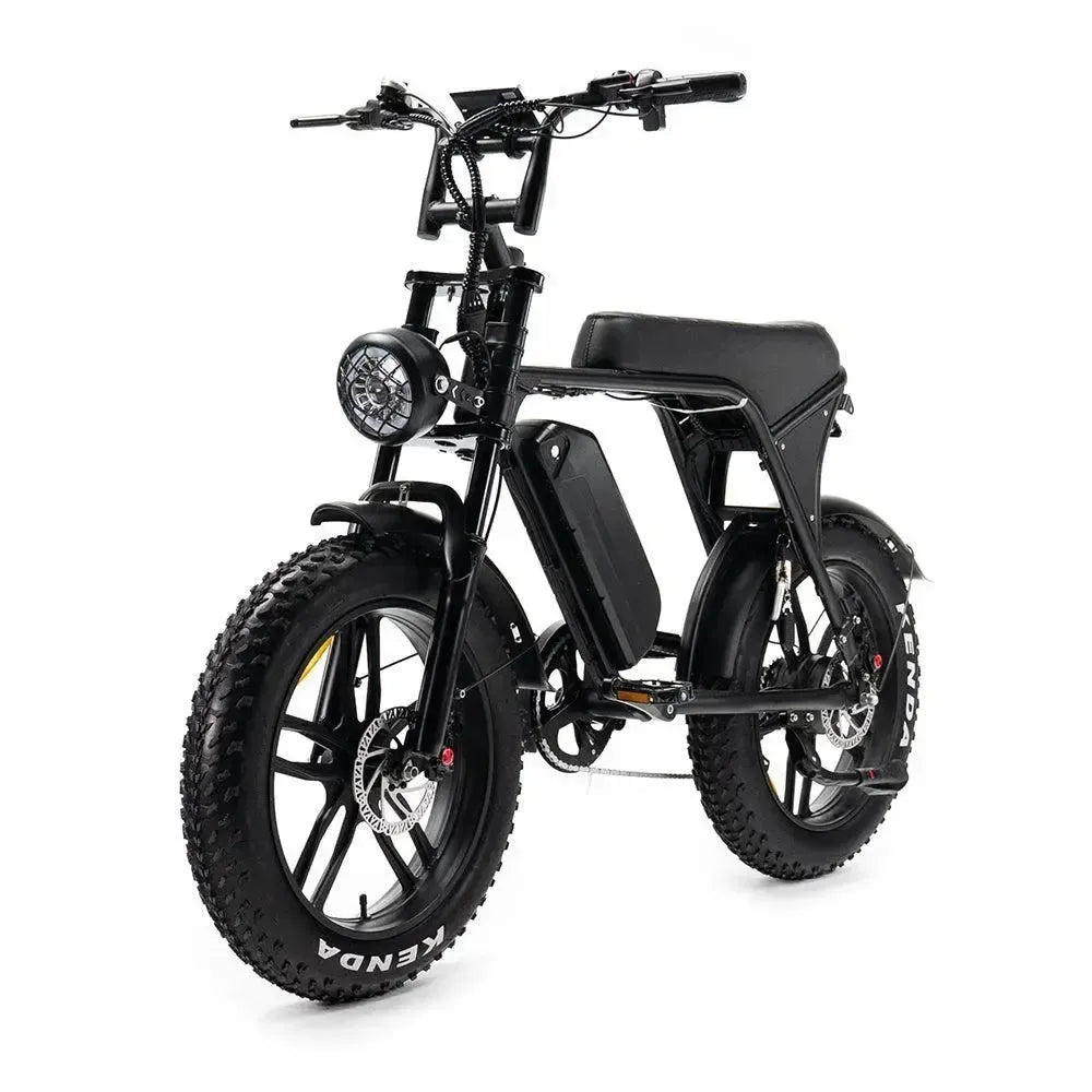 Ouxi V8 2025 fatbike in black, angled front view from the left with round headlight and frame battery