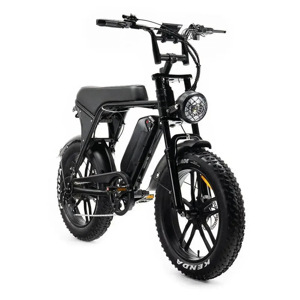 Ouxi V8 2025 fatbike in black, angled front view from the right with handlebars, headlight and front fork