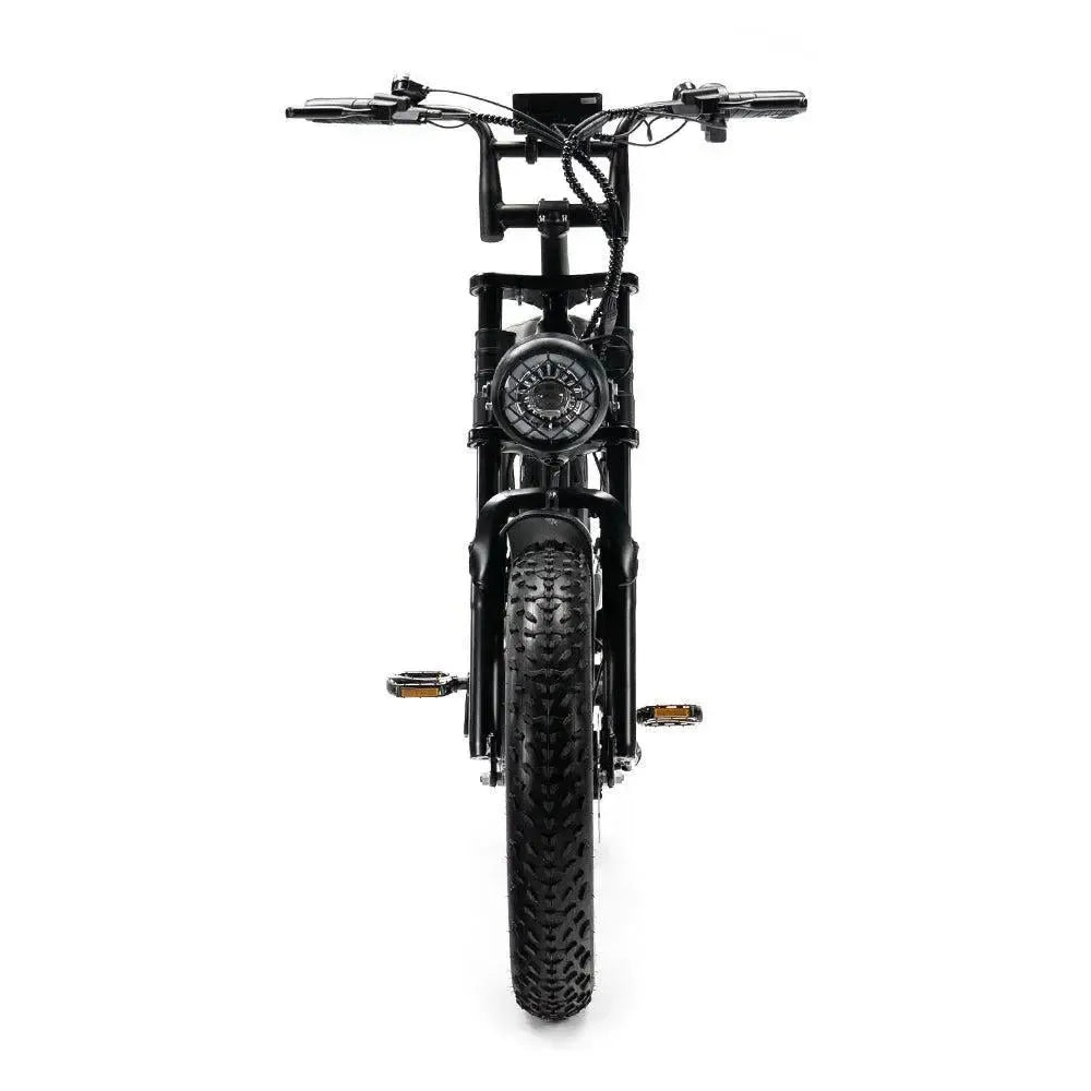 Ouxi V8 2025 fatbike in black, front view with wide handlebars, display, headlight and wide front tyre