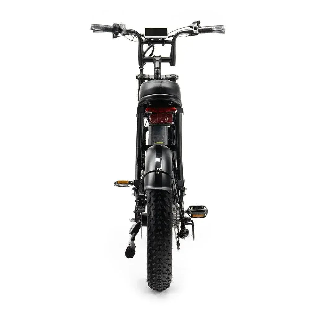 Ouxi V8 2025 fatbike in black, rear view with rear light, mudguard and wide rear tyre
