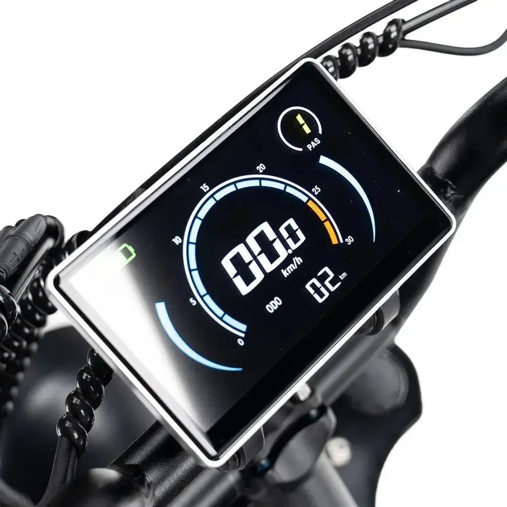 Ouxi V8 2025 fatbike in black, detail of the colour display with speedometer and PAS level