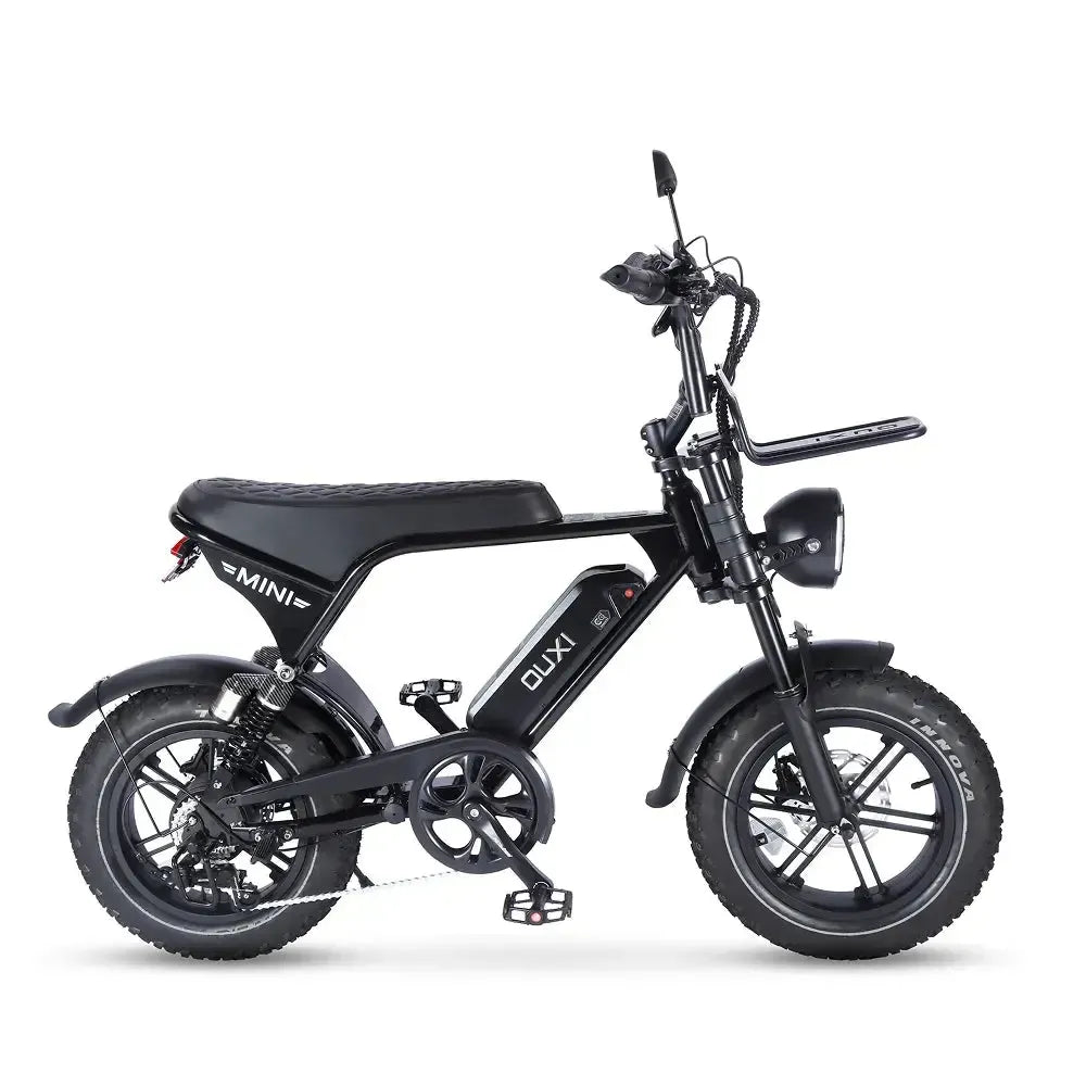 Ouxi V8 Ultra Mini fatbike in black, right side view with chain, front rack and headlight