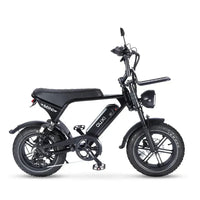 Ouxi V8 Ultra Mini fatbike in black, right side view with chain, front rack and headlight