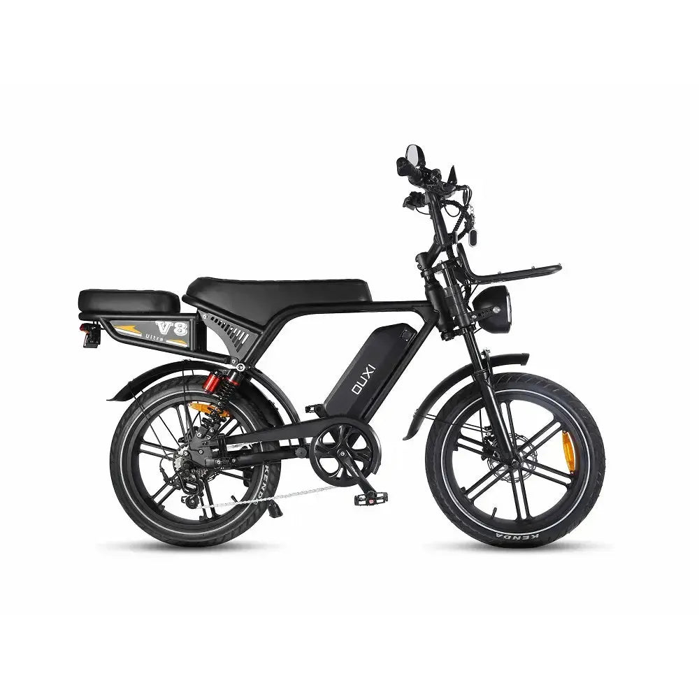 Ouxi V8 Ultra fatbike in black, side view from the right with long saddle and front rack