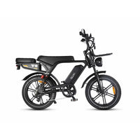 Ouxi V8 Ultra fatbike in black, side view from the right with long saddle and front rack