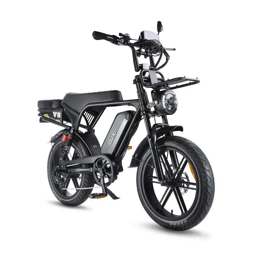 Ouxi V8 Ultra fatbike in black, angled front view with round headlight, front rack and wide tyres