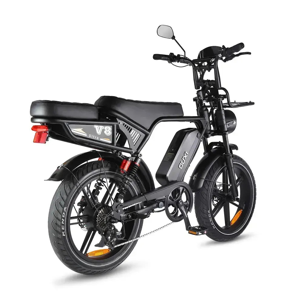 Ouxi V8 Ultra fatbike in black, angled rear view with rear light, rear suspension and V8 frame plate