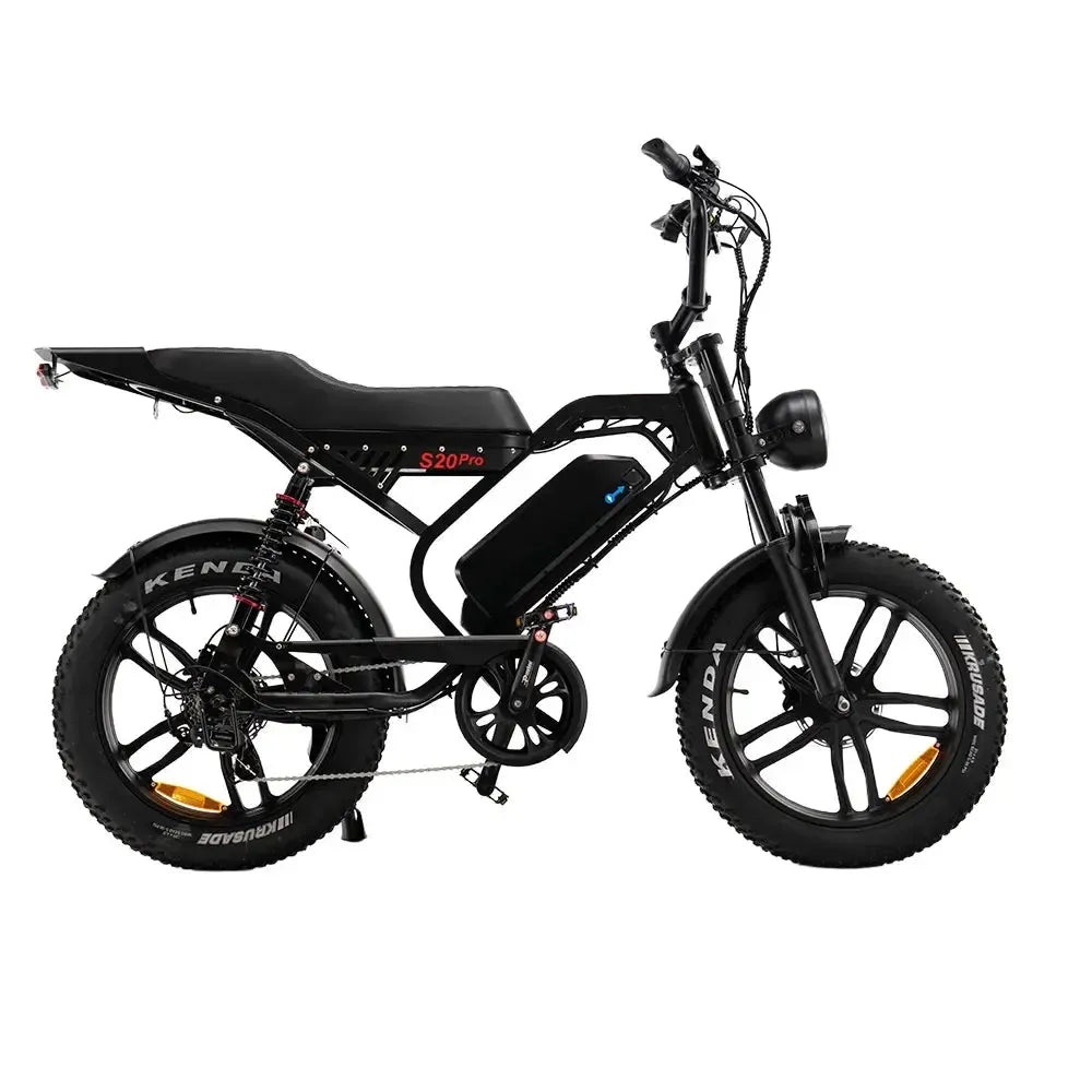 QMWheel S20 Pro fatbike in black, side view from the right with long buddy seat and Kenda tyres
