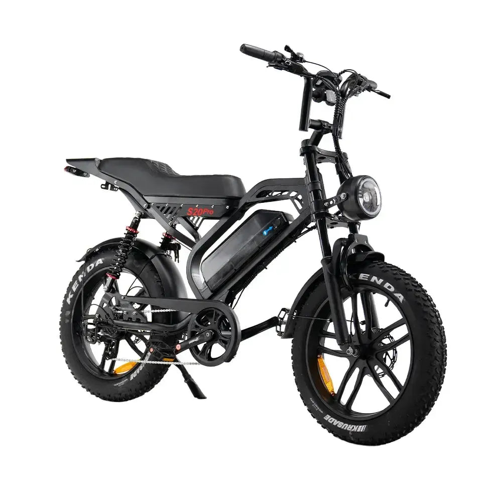 QMWheel S20 Pro fatbike in black, front three-quarter view from the right with round LED headlight