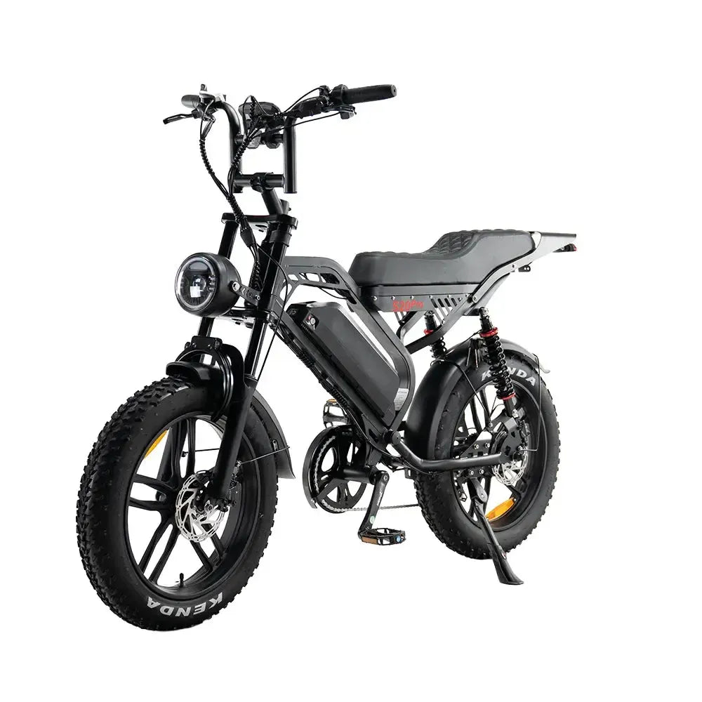 QMWheel S20 Pro fatbike in black, front three-quarter view from the left with front disc brake