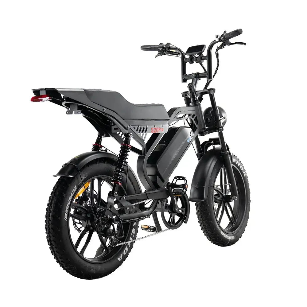QMWheel S20 Pro fatbike in black, rear three-quarter view with rear light and dual rear suspension