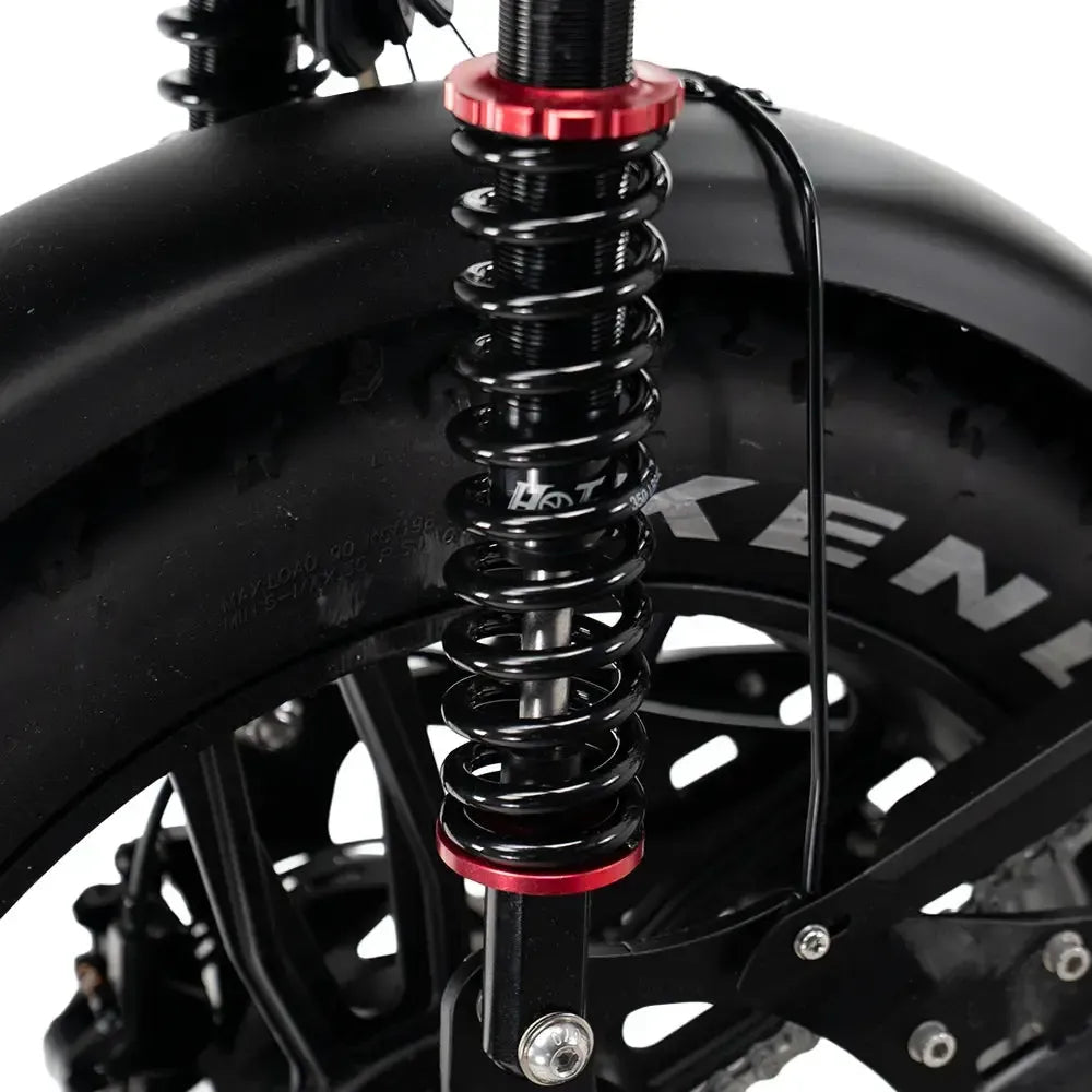 QMWheel S20 Pro fatbike in black, detail of the rear suspension with red spring seats