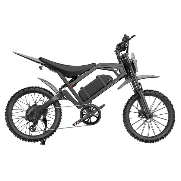 QMWheel V20 Cross fatbike in black, full side view with chain, saddle and knobby tyres