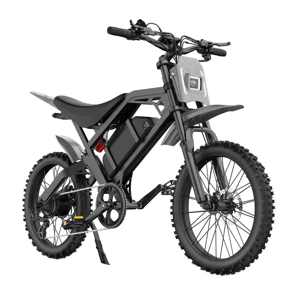 QMWheel V20 Cross fatbike in black, angled front view from the other side with the battery in the frame