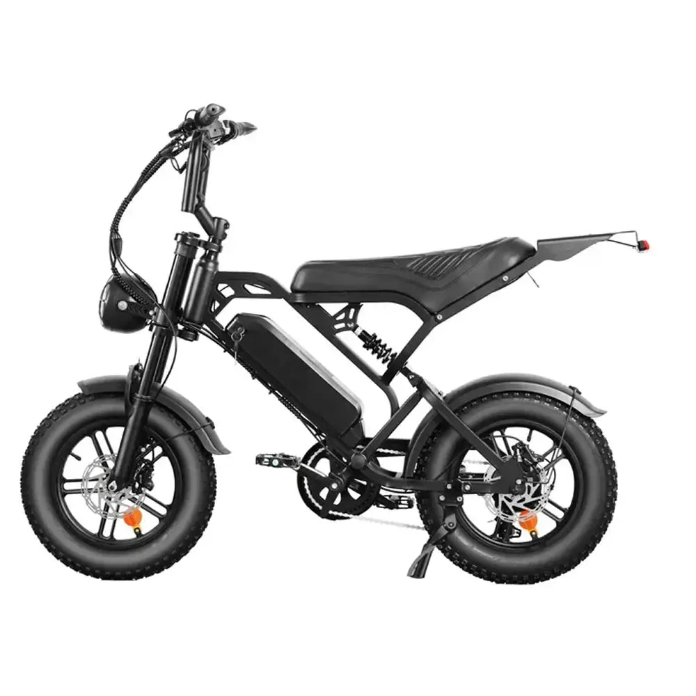 QMWheel V20 Mini fatbike in black, left side view with headlight, battery in the frame and disc brakes