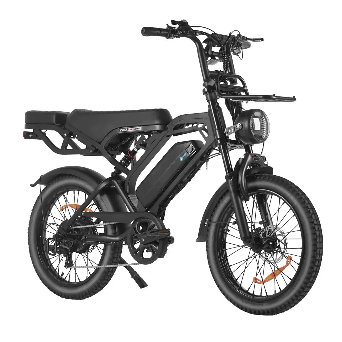 QMWheel V20 Pro Skinny Bike skinny bike in black, angled front view with headlight, front rack and battery