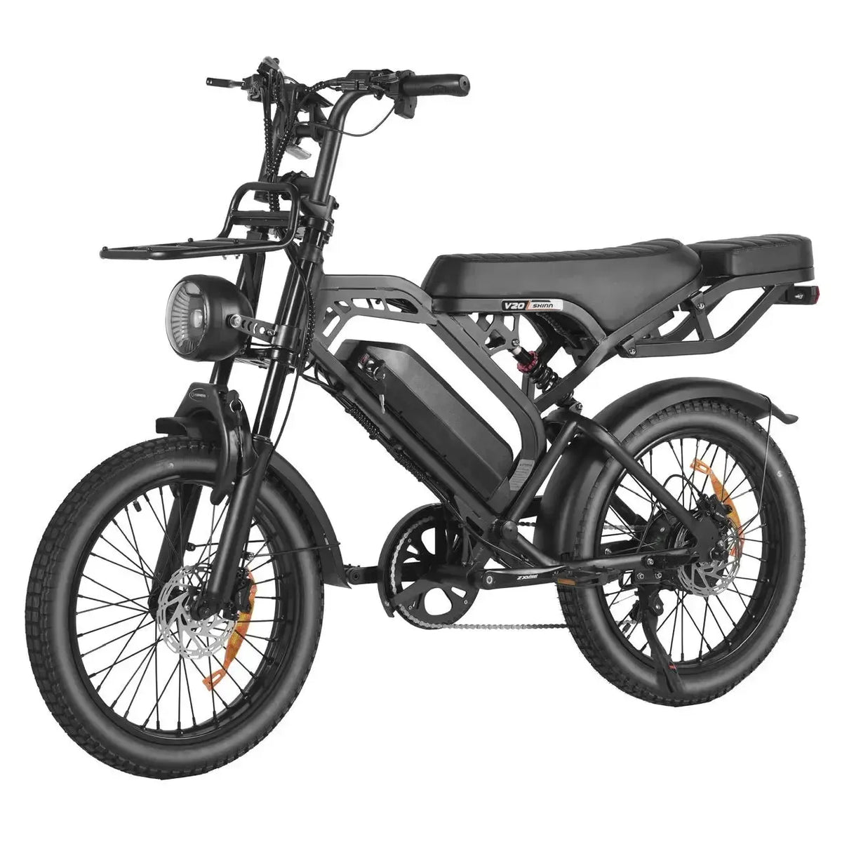 QMWheel V20 Pro Skinny Bike skinny bike in black, angled front view from the other side with long saddle