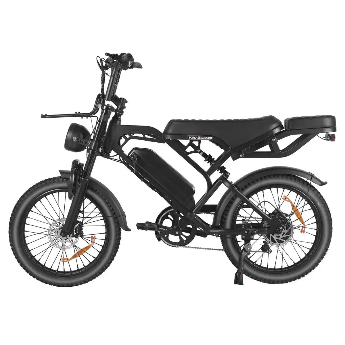 QMWheel V20 Pro Skinny Bike skinny bike in black, side view with disc brakes, kickstand and rear carrier